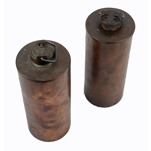 76 - Motoring. Two early 20th century copper, cylindrical oil cannisters, with screw on lids. One lid bra... 