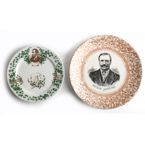 78 - John Dillon and Arthur Griffith commemorative plates. A porcelain plate, a band of shamrock with a p... 