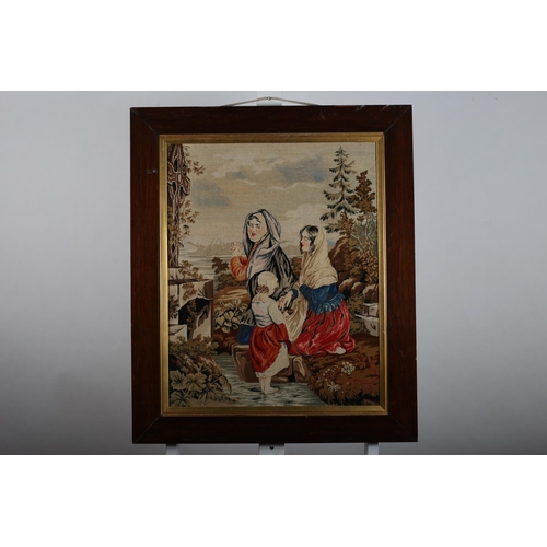 88 - THREE 19TH CENTURY NEEDLEWORK PANELS in rosewood65 (h) 51 (w)  , maple and oak frames together with ... 