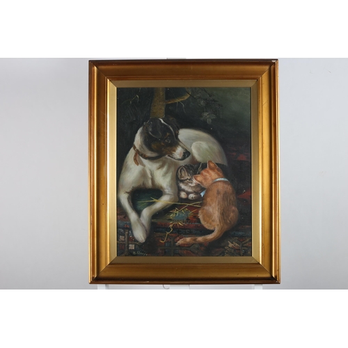 571 - MAUREEN SHEA 
Study of Cats and Dogs
Oil on canvas
Signed lower left
50cm (h) x 37cm (w)