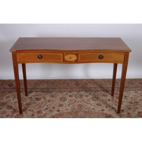 66 - A SHERATON DESIGN MAHOGANY AND SATINWOOD INLAID SIDE TABLE of serpentine outline the shaped top with... 