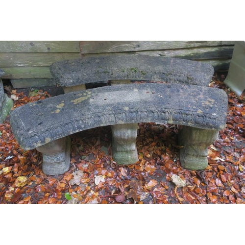 791 - A PAIR OF COMPOSITION SANDSTONE SEATS each of demi lune outline with egg and dart moulded frieze rai... 