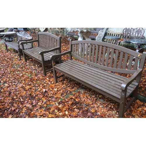 795 - THREE TEAK PAINTED GARDEN BENCHES each with a slatted back and seat on moulded legs
The larger 160cm... 