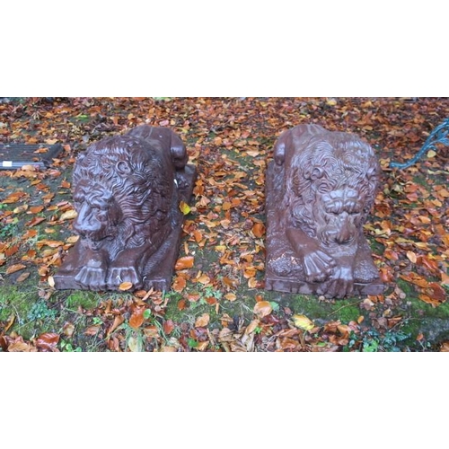 810 - A PAIR OF CAST IRON FIGURES each modelled as a lion shown recumbent on a platform base 
40cm (h) x 4... 