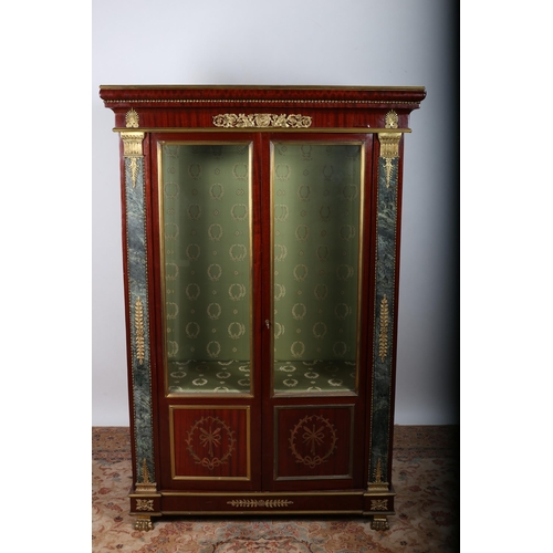 8 - A CONTINENTAL DESIGN MAHOGANY GILT BRASS AND MARBLE DISPLAY CABINET of rectangular outline surmounte... 