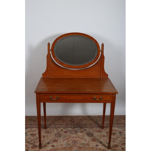 17 - A VINTAGE SATINWOOD INLAID DRESSING TABLE the superstructure with oval bevelled glass mirror above a... 