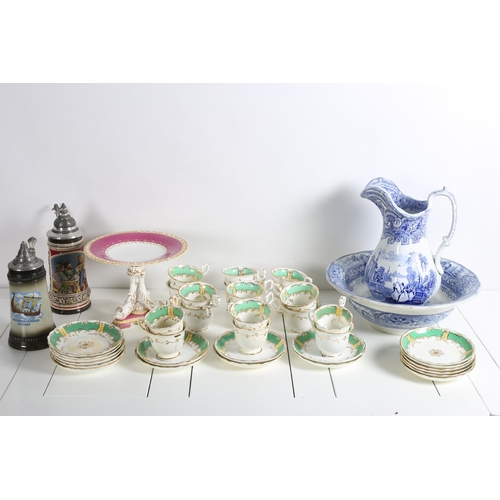 358 - A COLLECTION OF CHINA to include a two piece blue and white jug and basin, two german steins, a thir... 