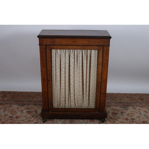 700 - AN EDWARDIAN MAHOGANY INLAID PIER CABINET of rectangular outline the shaped top with inlaid frieze a... 