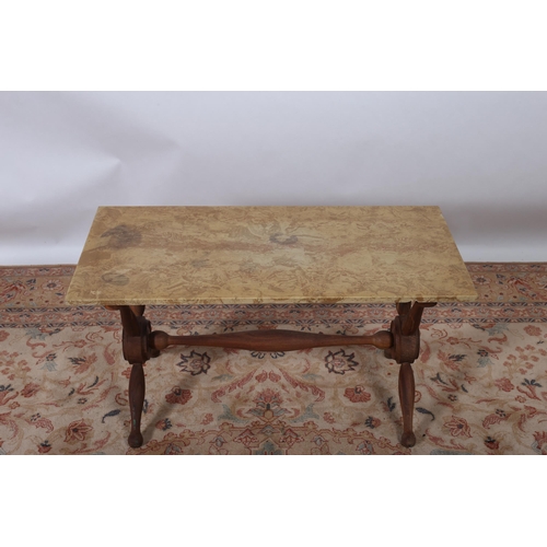 701 - A SIMULATED MARBLE TOP COFFEE TABLE of rectangular outline raised on a teak base with baluster legs ... 