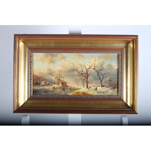 721 - CONTINENTAL WINTER SCENE
Figures on a Frozen Lake
In gilt frame
35cm (h) x 55cm (w), A VINTAGE BRASS... 