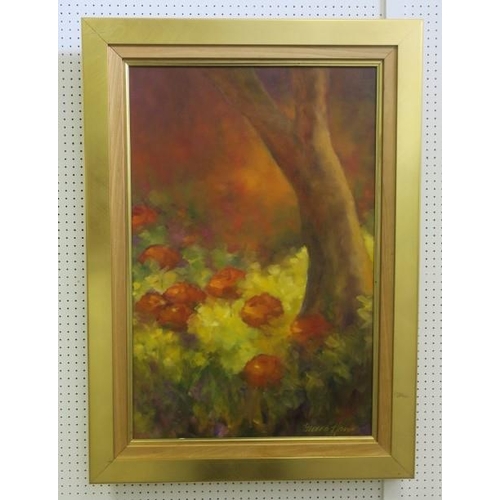 659 - BRENDA HARRIS
Woodland Drift 2
Oil on canvas
Signed lower right 
86cm (h) x 56cm (w)