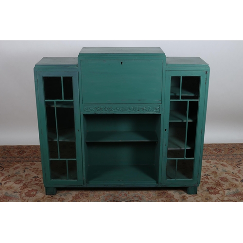 776 - A VINTAGE PAINTED WRITING CABINET the stepped top centered by a hinged compartment above two open sh... 