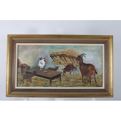 778 - INTERIOR FARMYARD SCENE with goats feeding
Oil on canvas 
28cm (h) x 58cm (w)