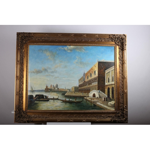 827 - A VENETIAN CANAL SCENE with figures and gondolas
Oil on canvas
89cm (h) x 119cm (w)