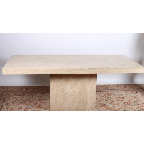 32 - A CONTINENTAL RECONSTITUTED MARBLE TABLE of rectangular outline raised on a rectangular column 
73cm... 