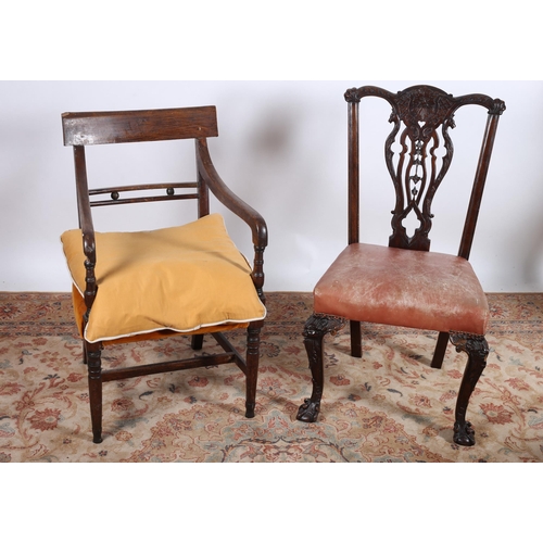 34 - A GEORGIAN MAHOGANY AND UPHOLSTERED CARVER together with a chippendale design mahogany side chair wi... 