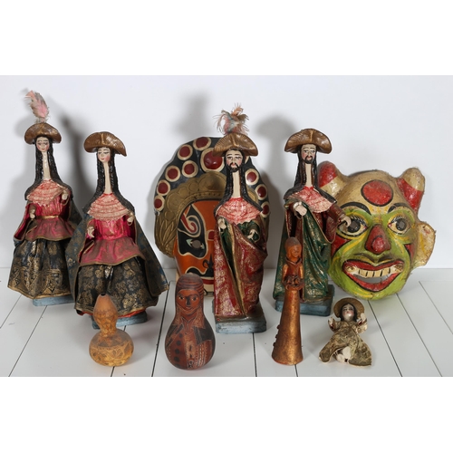 359 - FOUR PAPIER MACHE HAND PAINTED MEXICAN FIGURES together with two papier mache masks, etc. (9)