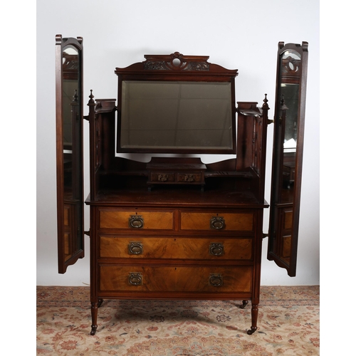 47 - A VINTAGE MAHOGANY AND WALNUT DRESSING CHEST the superstructure with bevelled glass swivel mirror wi... 