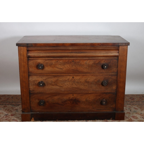 487 - A 19TH CENTURY MAHOGANY CHEST of rectangular outline the shaped top above foyer long graduated drawe... 