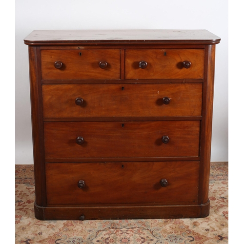 49 - A 19TH CENUTRY MAHOGANY CHEST of rectangular outline the shaped top with two short and three long gr... 