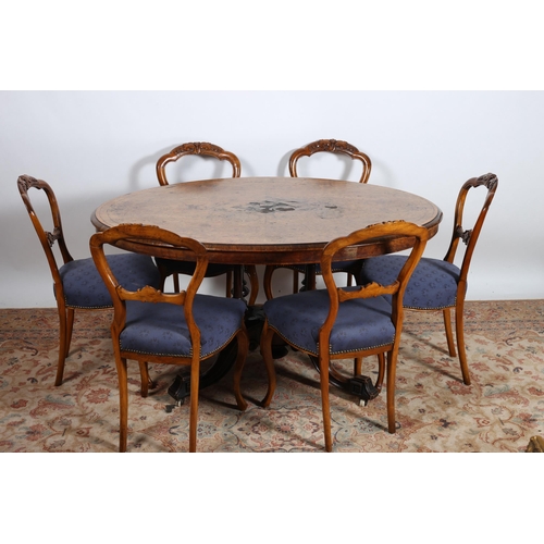 54 - A SEVEN PIECE VICTORIAN WALNUT INLAID DINING ROOM SUITE comprising six dining chairs each with a car... 