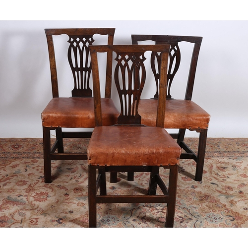 56 - A PAIR OF GEORGIAN MAHOGANY CHIPPENDALE DESIGN DINING CHAIRS each with a pierced vertical splat and ... 