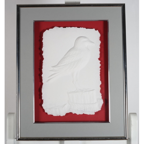 579 - ROBERTA PECK 
A framed carving of a seagull shown perched on a rope tied breaker on an oval base 
A ... 