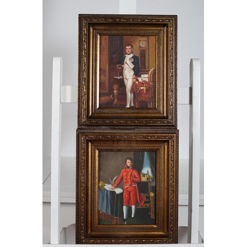 743 - PORTRAITS OF NAPOLEON IN OFFICER'S ATTIRE 
Oil on board 
A pair 
24cm (h) x 19cm (w)