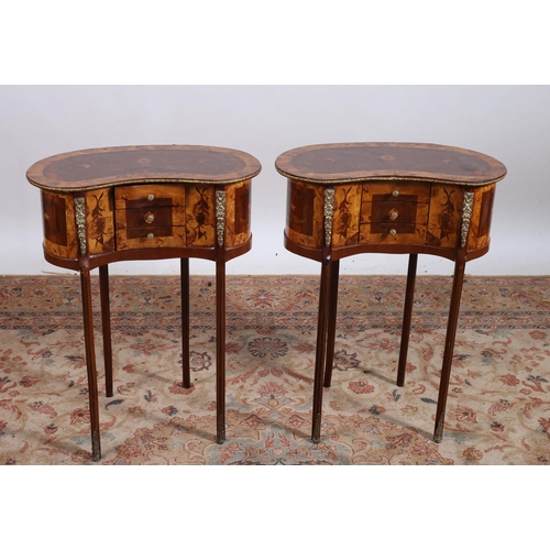 224 - A PAIR OF CONTINENTAL KINGWOOD INLAID GILT BRASS MOUNTED AND WALNUT CROSSBANDED TABLES of demi lune ... 