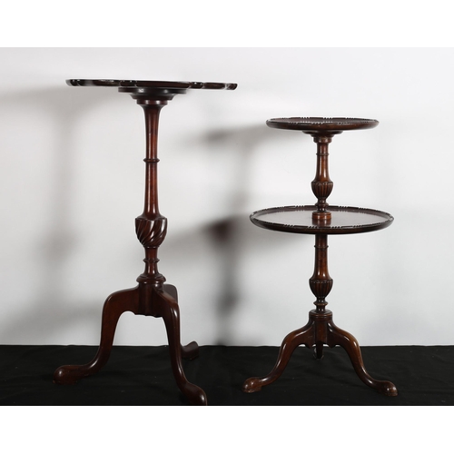 234 - A MAHOGANY WINE TABLE the pie crust rim above a baluster column on tripod support together with a si... 