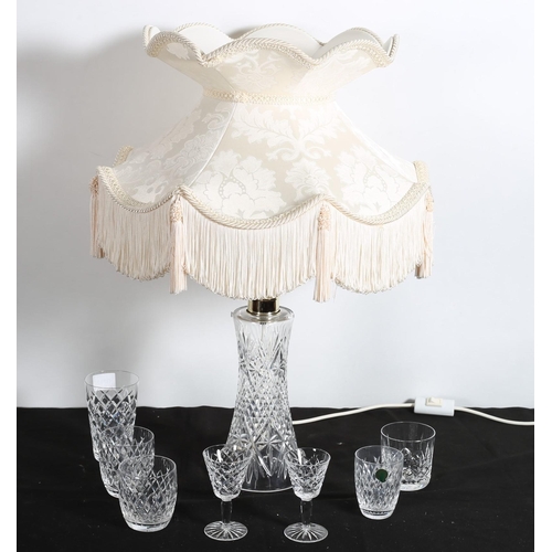 238 - A WATERFORD CUT GLASS TABLE LAMP with shade 66cm (h) together with six Waterford cut glass glasses t... 