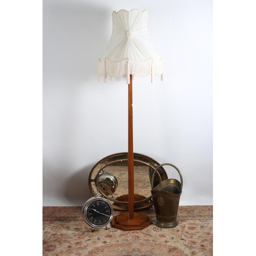 246 - A VINTAGE MAHOGANY FLOOR STANDARD LAMP together with a gilt frame mirror, a brass swing handle fuel ... 