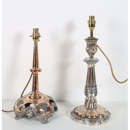 A 19TH CENTURY PLATED ON COPPER TABLE LAMP together with a similar