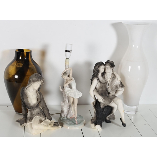 61 - A LLADRO FIGURAL TABLE LAMP together with five composition figures, a topaz glass vase, etc. (8)