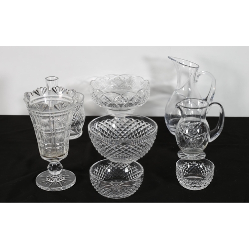 68 - A COLLECTION OF GLASSWARE to include two Waterford cut glass vases, a cut glass water jug, a Galway ... 