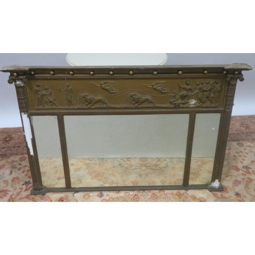 830 - A REGENCY GILTWOOD AND GESSO COMPARTMENTED OVERMANTLE MIRROR the frieze moulded in relief with a lio... 