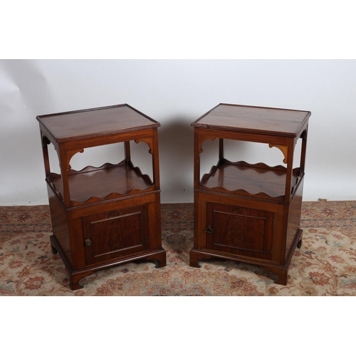 61 - A PAIR OF GEORGIAN DESIGN MAHOGANY PEDESTALS each of rectangular outline with moulded gallery above ... 