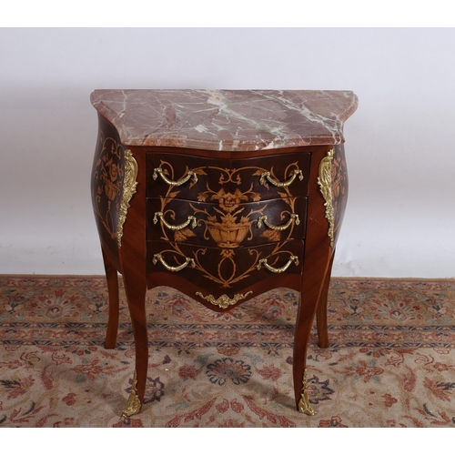 758 - A CONTINENTAL KINGWOOD MARQUETRY AND GILT BRASS MOUNTED CHEST of bombe outline surmounted by a pink ... 