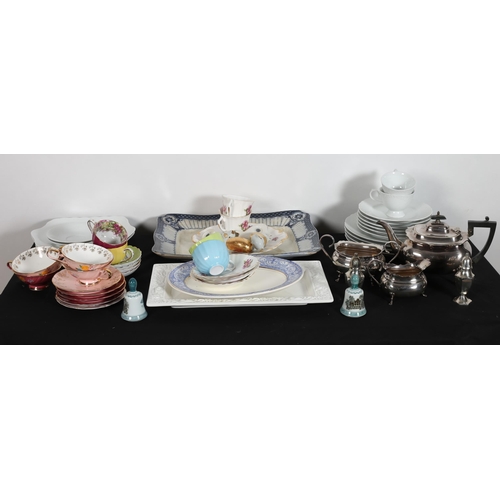 419 - A MISCELLANEOUS COLLECTION to include a three piece silver plated tea service, a pair of silver plat... 