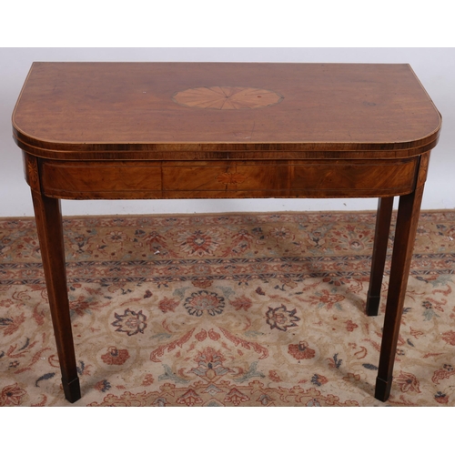 539 - A GEORGIAN MAHOGANY AND SATINWOOD INLAID FOLDOVER SUPPER TABLE the rectangular hinged top above a mo... 