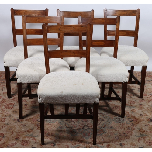 544 - A SET OF SIX GEORGIAN MAHOGANY INLAID DINING CHAIRS each with a curved top rail and splat above an u... 