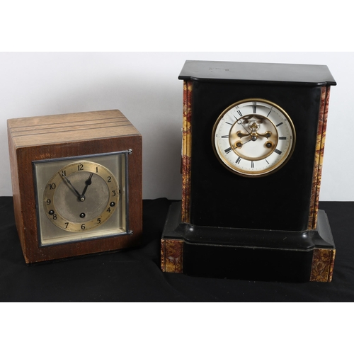 561 - A VINTAGE OAK CASE WESTMINSTER CHIME CLOCK of square form with silvered dial together with a 19th ce... 