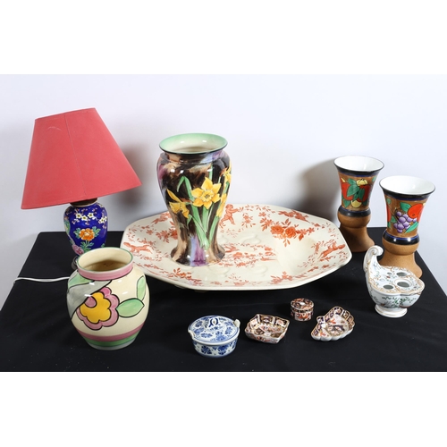 599 - A MISCELLANEOUS COLLECTION to include three vintage china vases, two royal crown derby pin trays, an... 