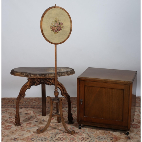 742 - A 19TH CENTURY CARVED MAHOGANY OCCASIONAL TABLE on scroll supports together with a 19th century pole... 