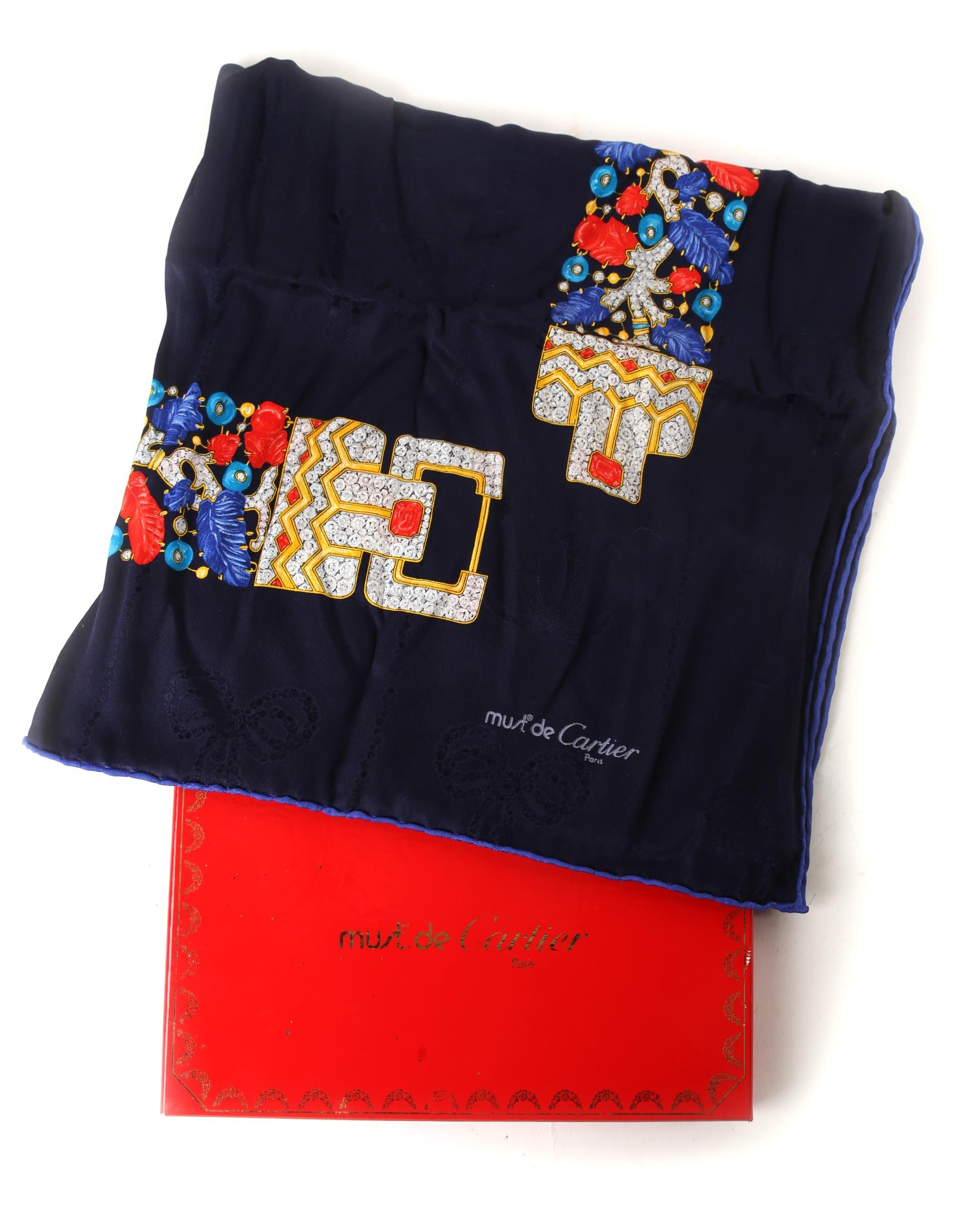 Must de Cartier silk scarf a navy silk scarf bordered with a