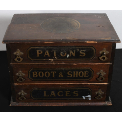 169 - A VINTAGE STAINED WOOD MINIATURE CHEST of rectangular outline inscribed PATONS BOOT AND SHOE LACES 
... 