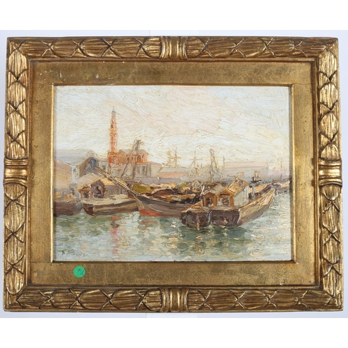 313 - CONTINENTAL SCHOOL 19th CENTURY harbour scenes with boats indistinctly signed lower left. oil on boa... 