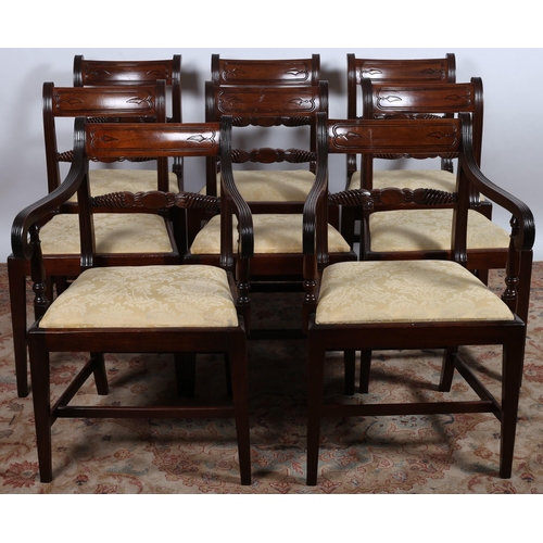 365 - A SET OF EIGHT REGENCY DESIGN MAHOGANY DINING CHAIRS including a pair of elbow chairs each with a sh... 