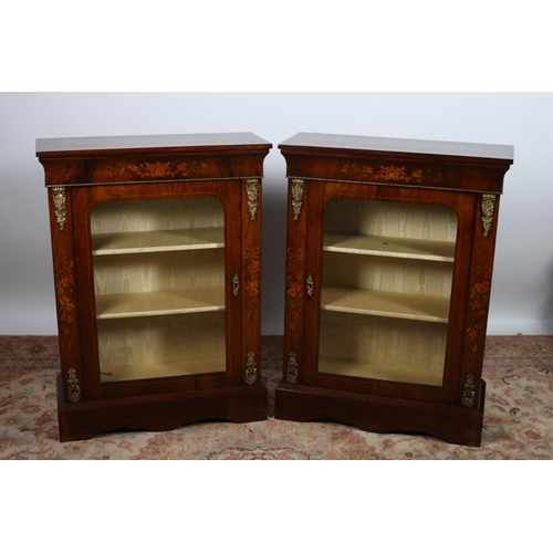 37 - A PAIR OF 19TH CENTURY WALNUT GILT BRASS MOUNTED AND MARQUETRY SIDE CABINETS of rectangular outline ... 