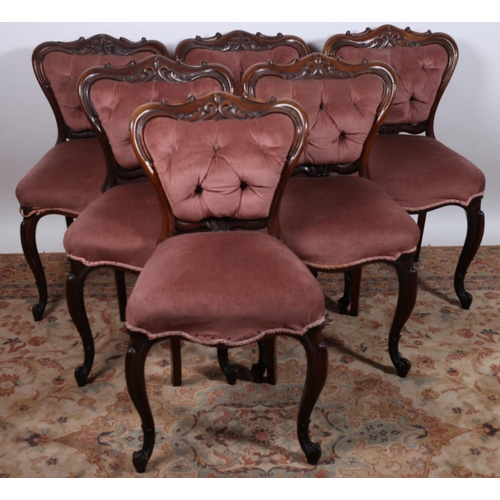 59 - A SET OF SIX 19TH CENTURY CARVED ROSEWOOD AND UPHOLSTERED DINING CHAIRS each with a buttoned upholst... 